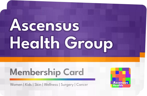 Ascensus Health Group membership card showing branding and specialty areas.