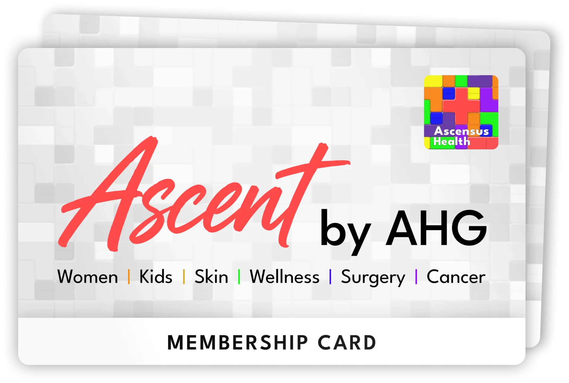 Ascensus Health Group membership card showing branding and specialty areas.